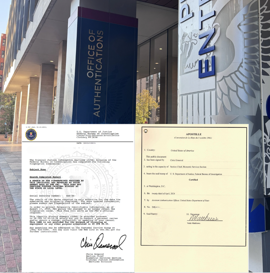 FBI Report Apostille Assistance with the U.S. Department of State  (202) 485-8000